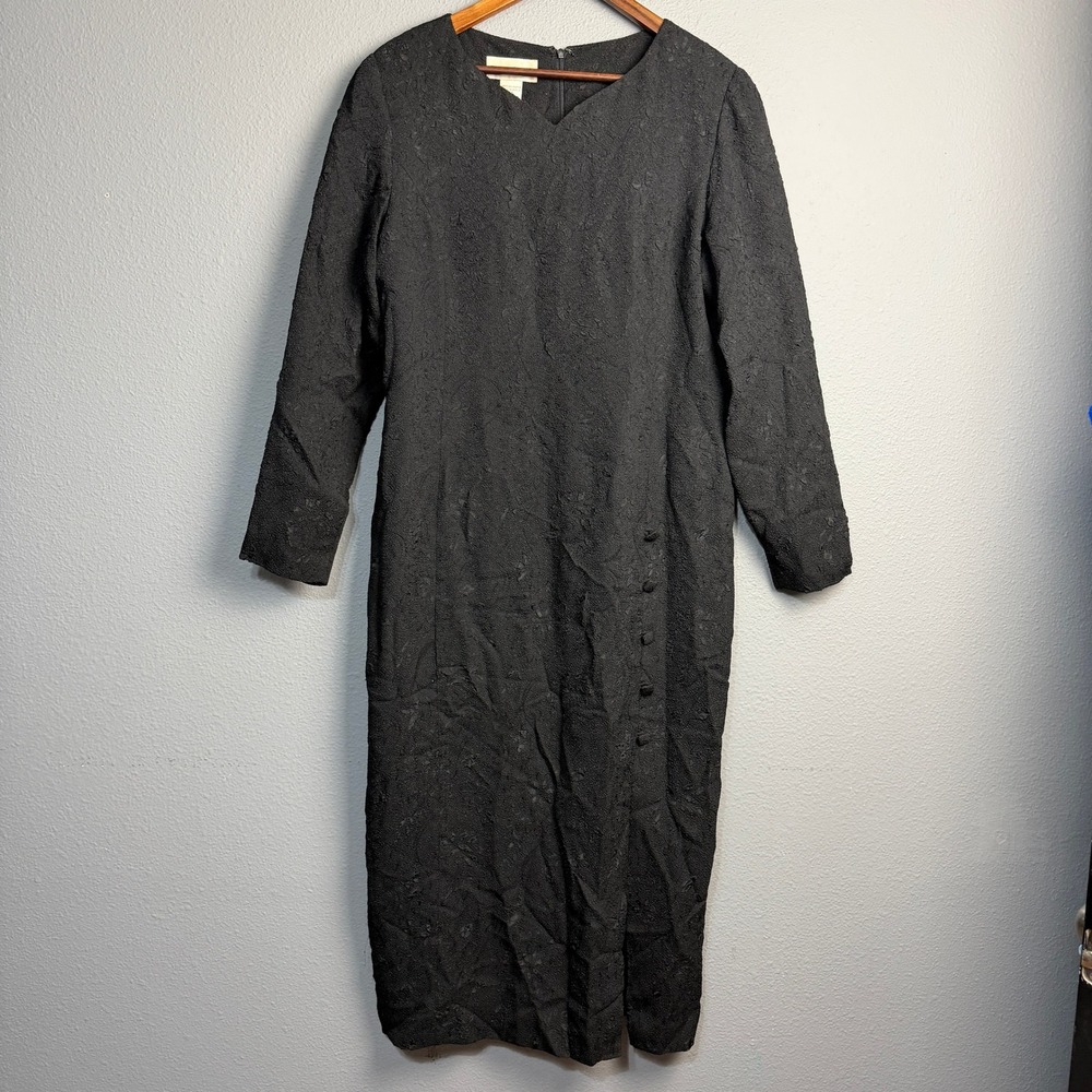 Casual Corner Black Textured Lace V Neck‎ Midi Dress Button Detail Size 14